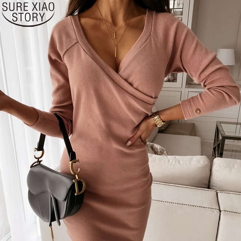 

Elegant Sexy Dress Knit Autumn Long Sleeve V-neck Knitted Dresses Above Knee High Waist Slim Sheath Dress Female Vestidos 12682