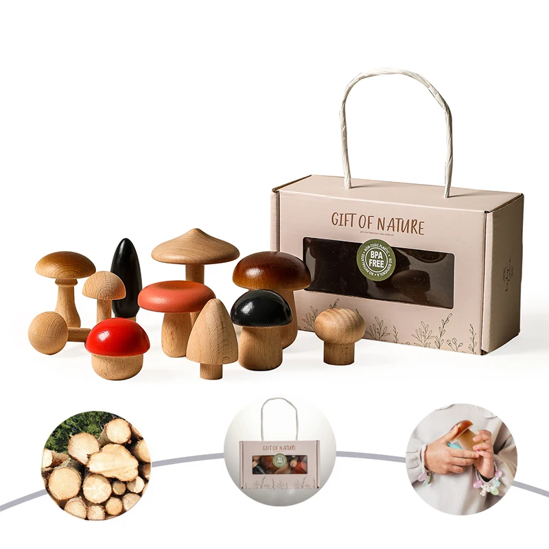 Juego de bloques de apilamiento de setas de madera para ni&ntilde;os, juguete Montessori de ensamblaje educativo temprano, juguete de agarre a juego-0