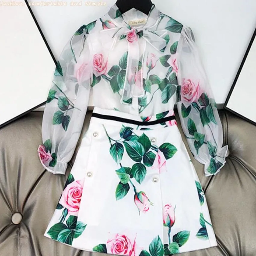 

Baby girl vinatge flower printed chiffon blouse +mini skirt a-line two piece sets children