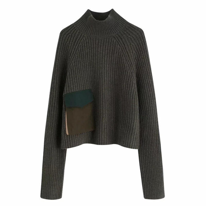 

New women fashion turtleneck collar pocket patch knitting sweater female autumn casual loose pullovers chic leisure tops S219