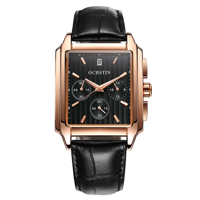 Часы мужские прямоугольные кварцевые с хронографом на кожаном ремешке 2020 |