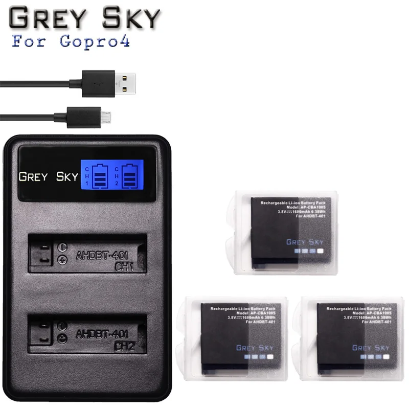 Charger and 3battery Для GoPro Hero4 Hero 4 батарея+ ЖК двойное зарядное устройство для go pro AHDBT-401 HERO4 черный серебряный Аксессуары для экшн-камеры - Цвет: Charger and 3battery