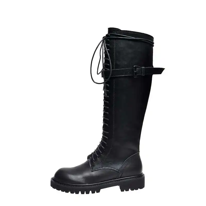 Harga Lenkisen Gaya Eropa Tampan Kulit Sapi Knight Boots Renda Up Hitam Warna Putaran Kaki Fashion Wanita Hangat Paha Tinggi Sepatu Bot L68