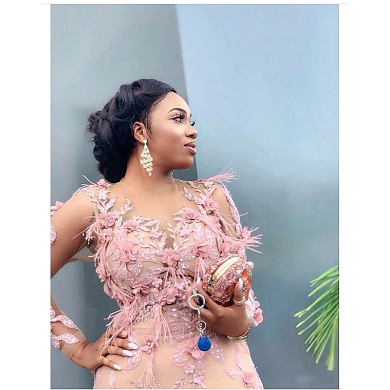 2019 Aso Ebi Arabic Luxurious Lace Beaded Evening Dresses Mermaid Long Sleeves Prom Dresses Feather Formal Party Second Receptio