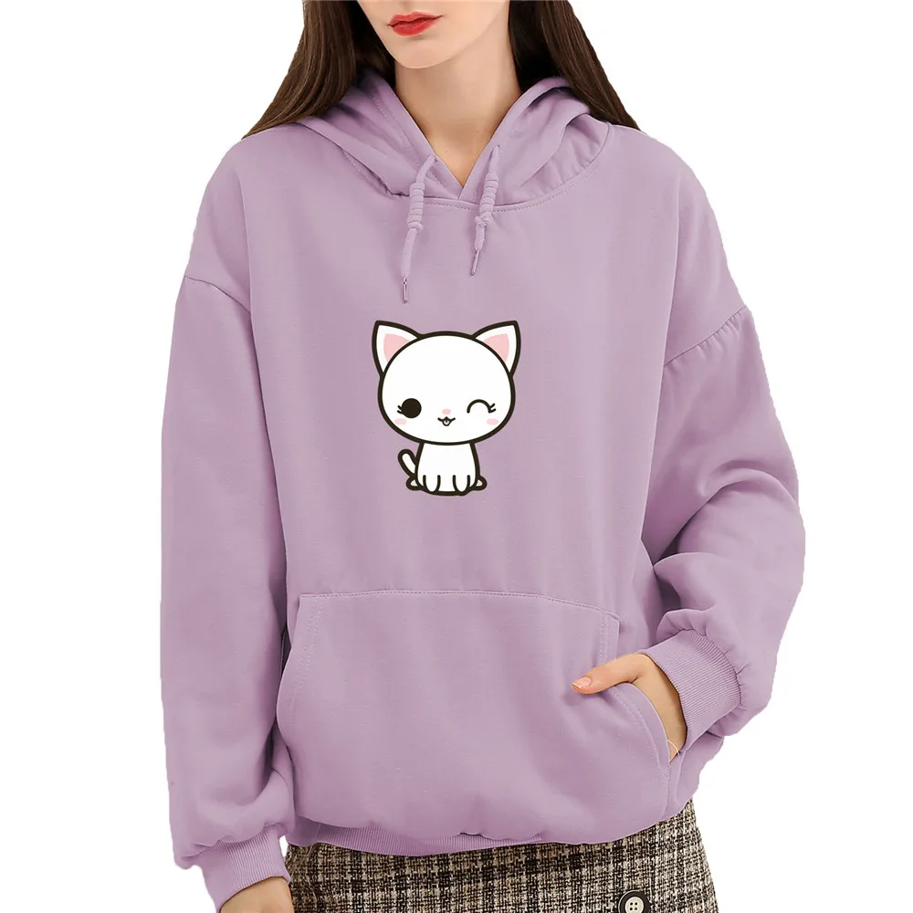 Winter Women Hoodies Long Sleeve Cute Hooded Sweetshirt for Girls Korean Cat Print Hoodie Women Oversized Pocket Warm Sudadera