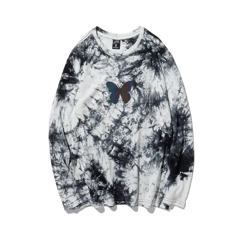 

2021 Spring Trend Laser Reflection Butterfly T-shirt Hip Hop Tie-dye Crewneck Couple Loose Long Sleeve T-Shirt Men Streetwear