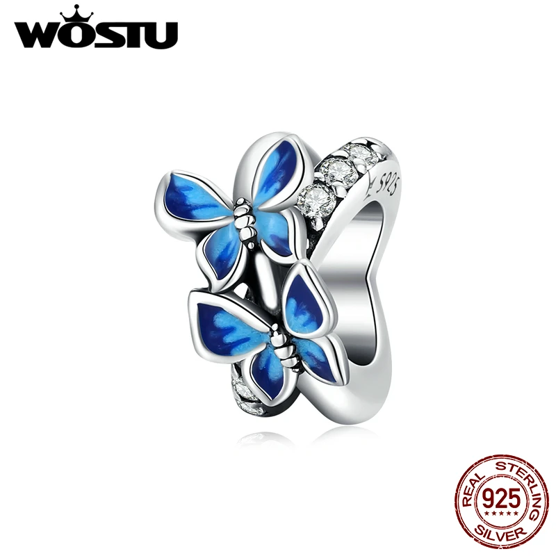 

WOSTU 925 Sterling Silver Bead Flying Butterflies Charm Blue Enamel Pendant Fit Original Bracelet Necklace DIY Jewelry CQC1731