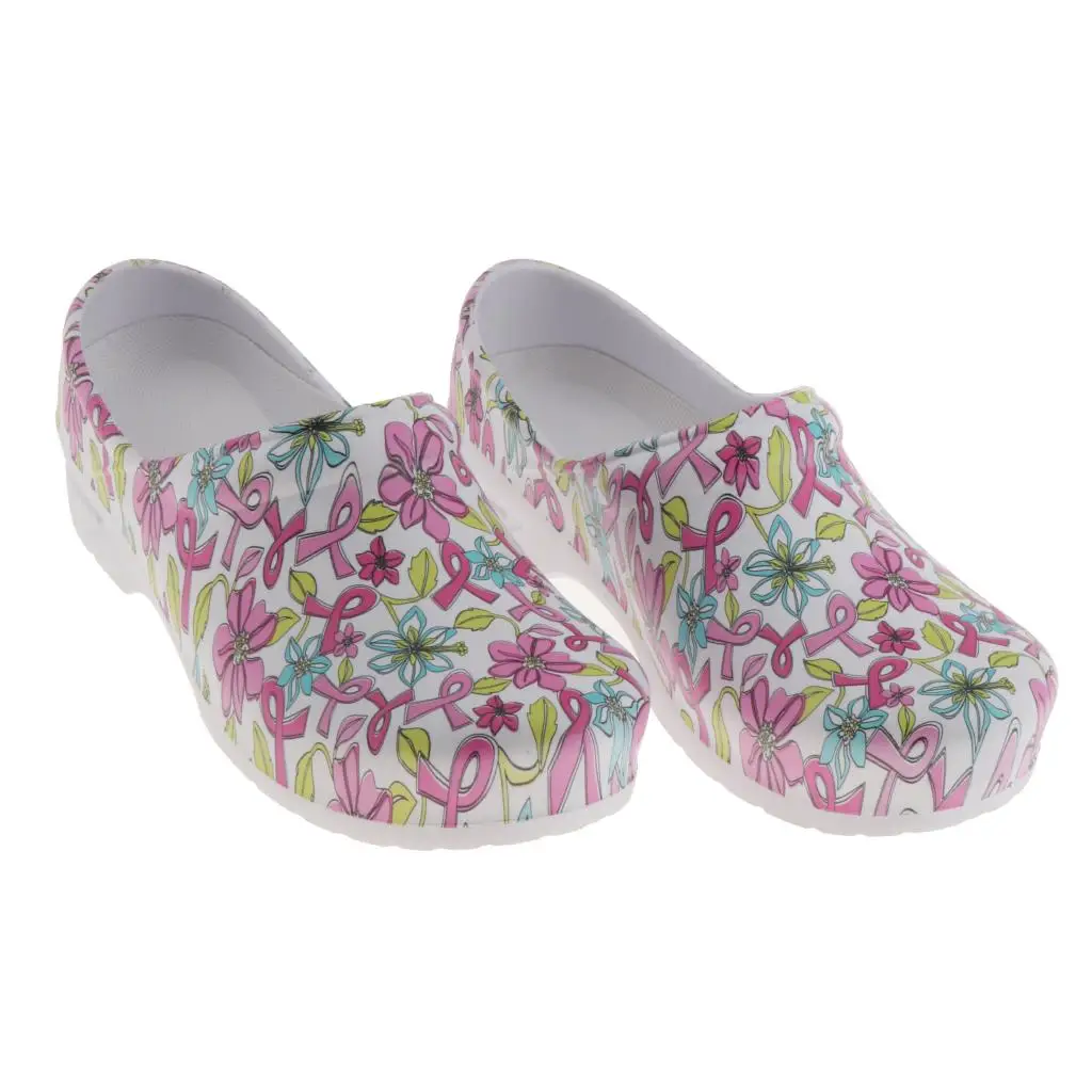 

Womens Flower Pattern Slip Resistant Chef Clog Food Service Work Nursing Shoes
