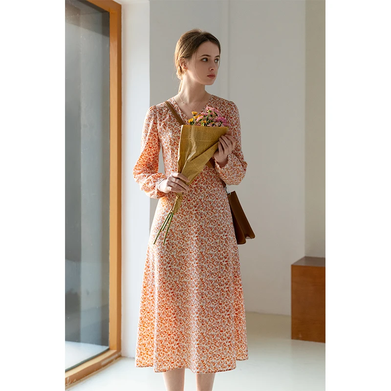 Женское шифоновое платье с длинным рукавом длинное оранжевое или розовое V