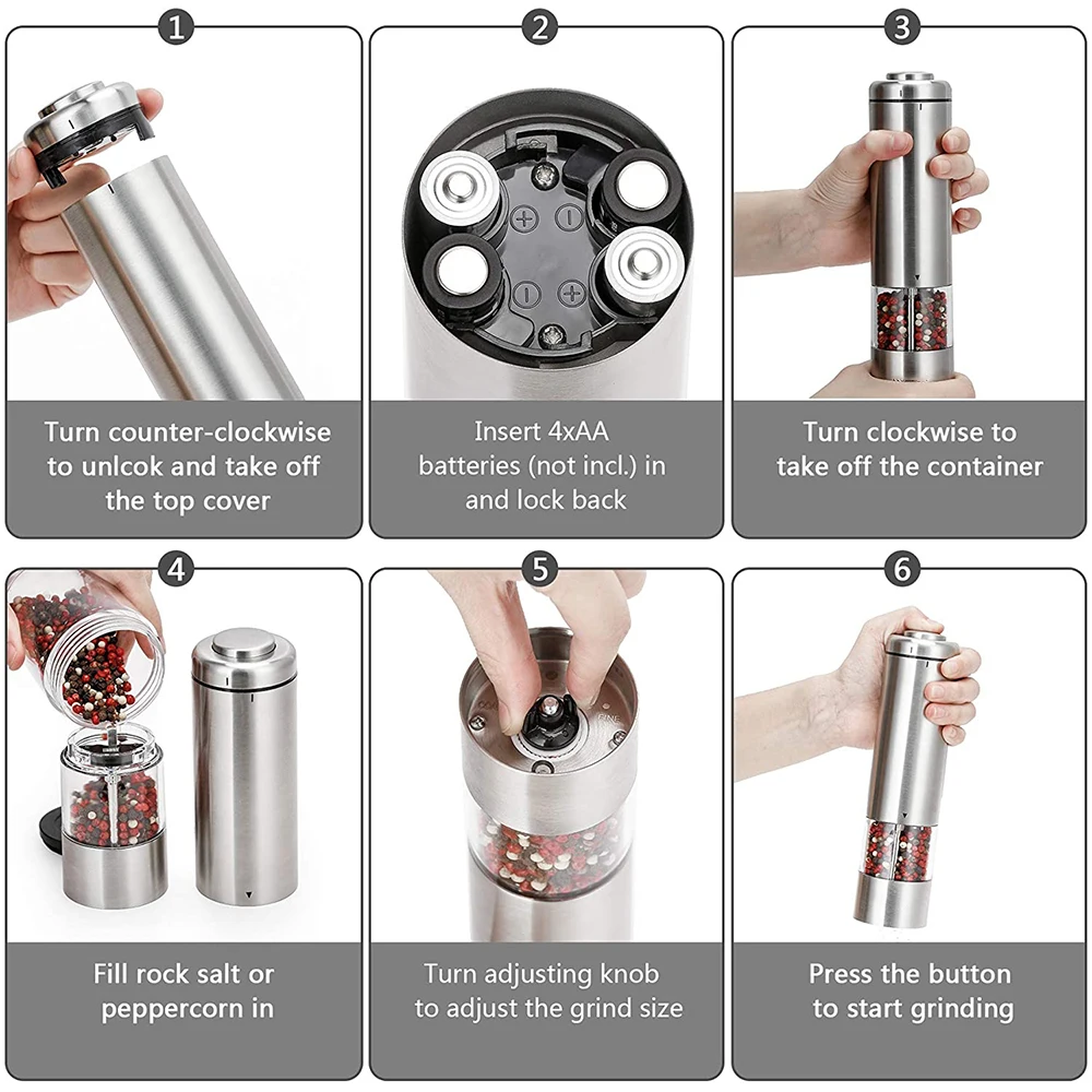 

Electric Salt and Pepper Grinder 1/2Pcs, with Stand LED Light,Kitchen Spice Grinder Tools,Stainless Steel Automatic Pepper Mill