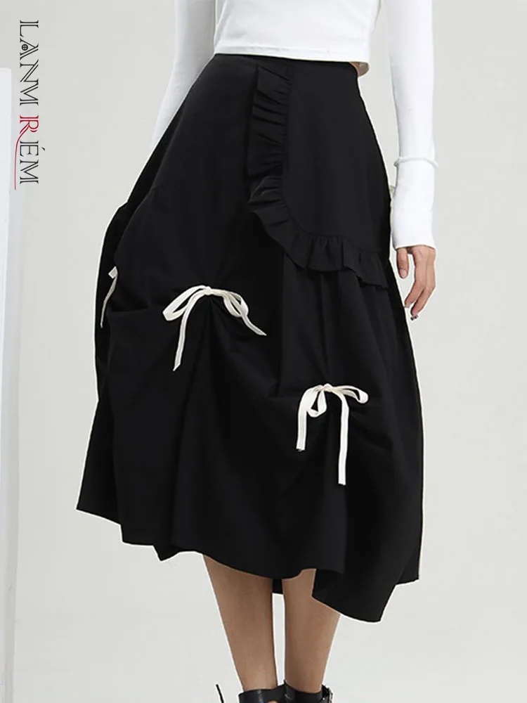

LANMREM 2021 Autumn Winter New Women Elastic Waist Design Bow Irregular Puffy Mid-length A-line Skirt For Female Fashion 2W946
