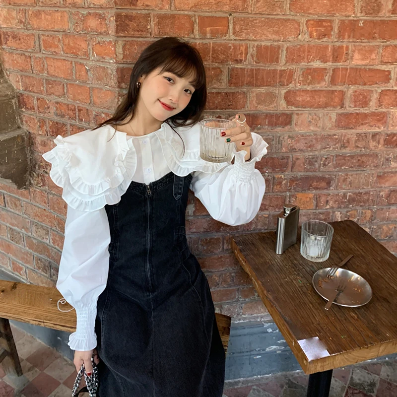 

KUSAHIKI Spring 2021 New Women Sets Peter Pan Collar Blouse Shirt + Demin Tank Dress Korean Elegant Sweet Two Pieces Suits 6E648