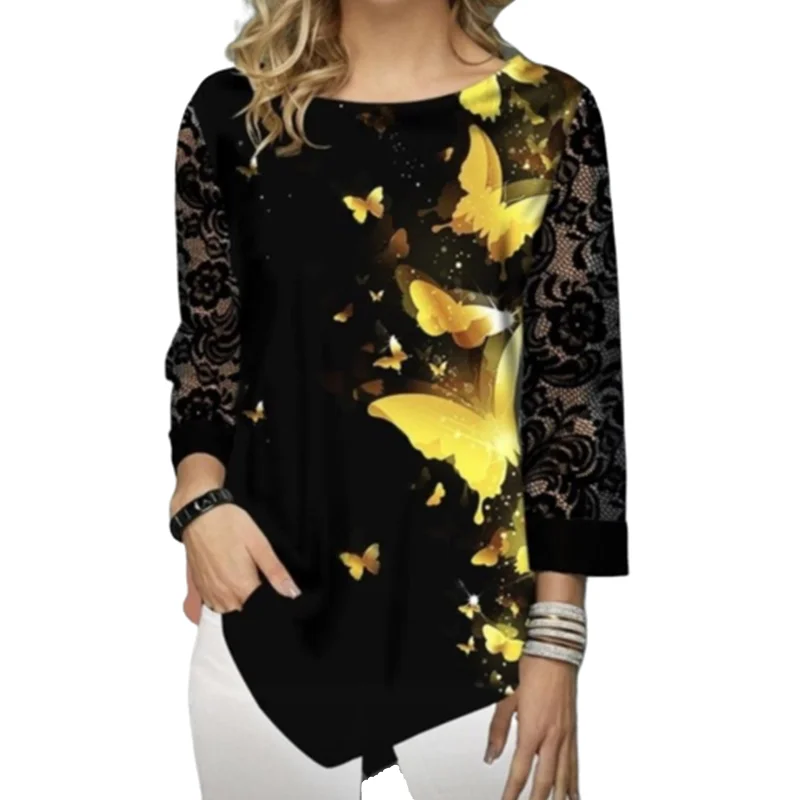 Женская Кружевная футболка с круглым вырезом длинным рукавом и принтом бабочки |