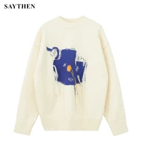 saythen new autumn and winter sweater women loose korean casual graffiti hook line knitted tops round neck long sleeves