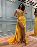 sexy yellow satin long prom dress for women high split side new 2022 vestidos de festa pageant party dresses for lady