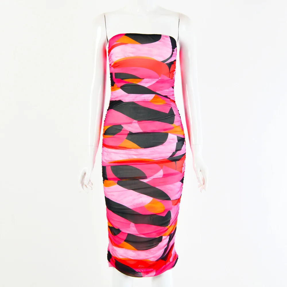 

Fannic Printed Strapless Fold Woman Dress Sleeveless Sexy Slash Neck High Waist Sheath Knee-Length Femme Dresses 2020