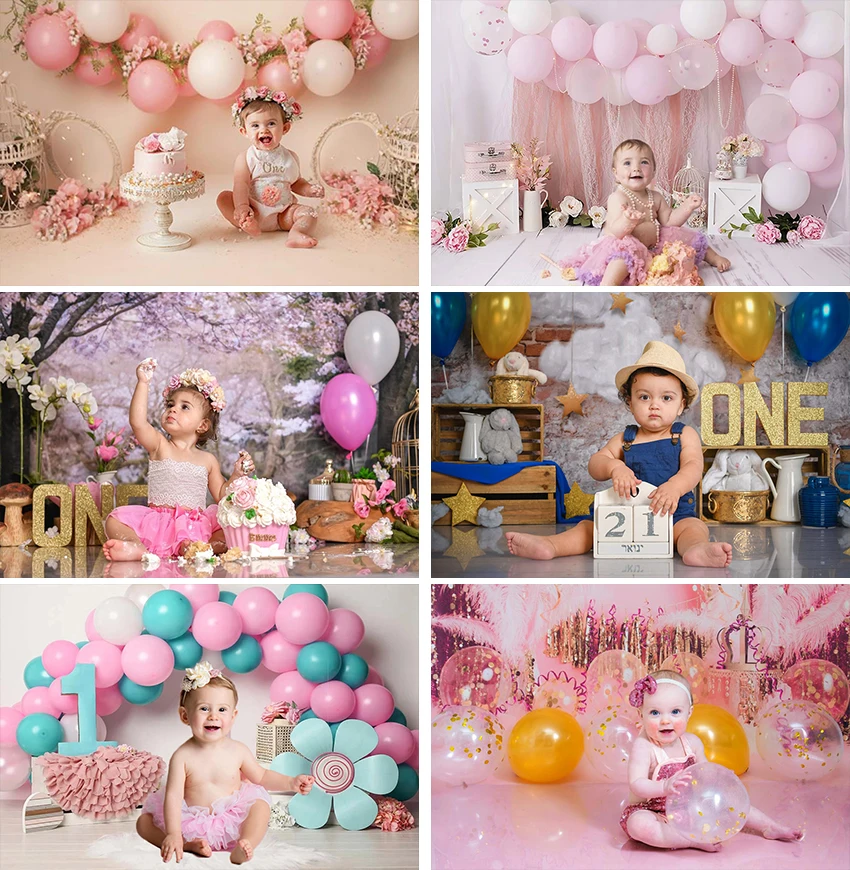 

Newborn Baby 1st Birthday Pink Balloons Cake Smash Party Photography Backdrops Child Portrait Baby Shower Background Banners