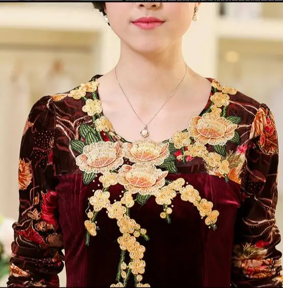 2020 зимнее бархатное платье трапециевидной формы женское с вышитыми цветами