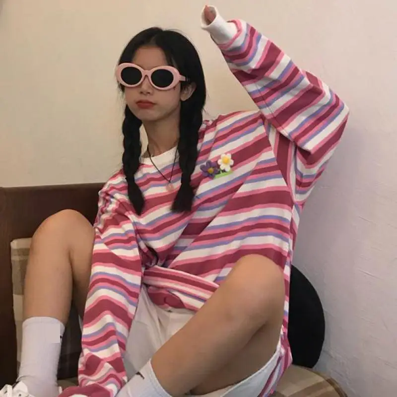 Женские розовые в полоску Футболки с длинными рукавами для девочек хлопковые