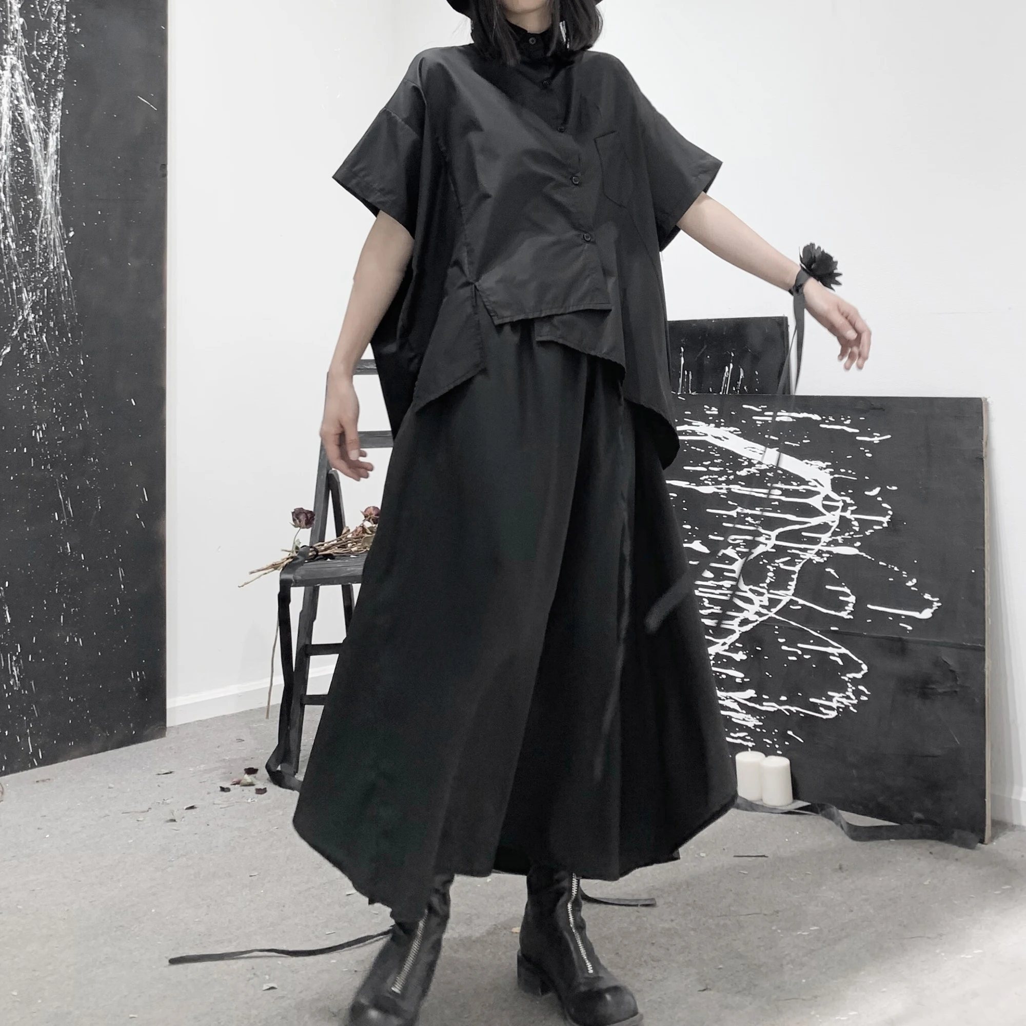 Женская Асимметричная рубашка с коротким рукавом вышивкой|Рубашки| |