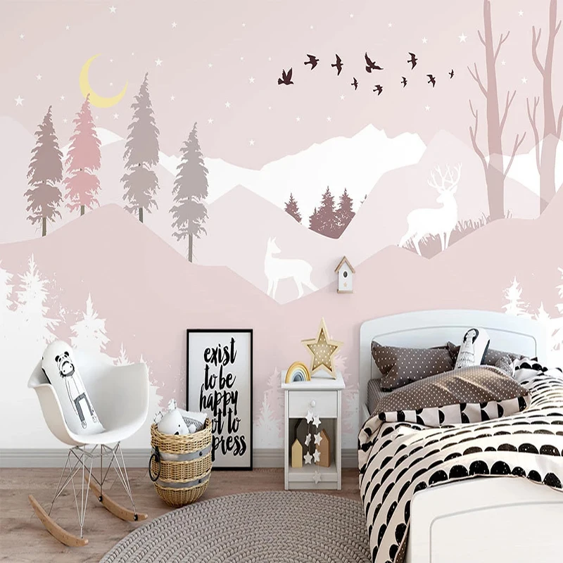 Custom Any Size Mural Wallpaper 3D Hand Painted Forest Deer Cartoon Mountain Peak Children's Room Background Wall Painting 3 D