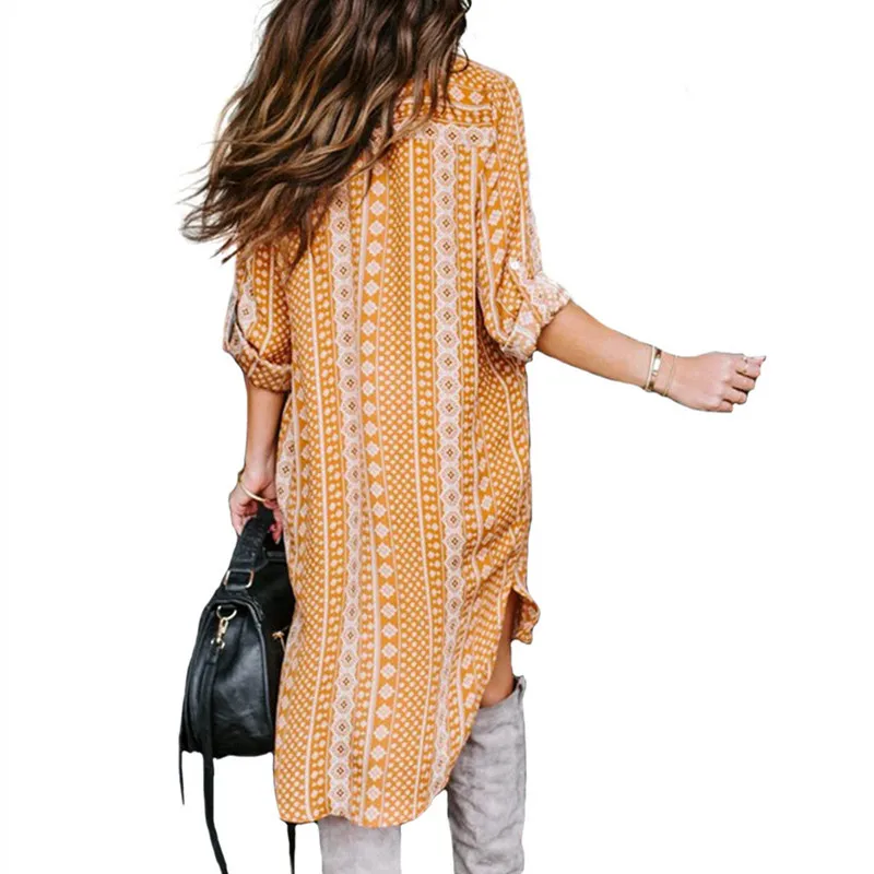 

2020 Bohemian Fashion Women Print Midi Dress Spring Casual V-neck Long Sleeves Loose Dress