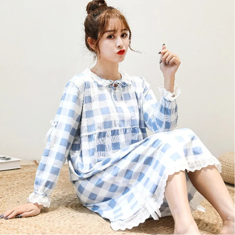 Cute Women Nightgown Sleepwear Cartoon Print O-neck Long Sleeve Girl Night Gown Female Sleeping Dress Lady Sleep Wear | Женская одежда