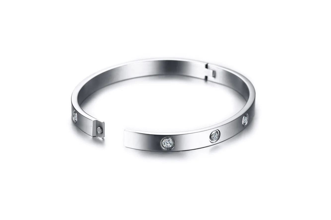 Silver Классические женские браслеты с кубическим цирконием AAA, модные браслеты из серебра, золота, розового золота, 6 мм, браслет из нержавеющей стали, свадебные ювелирные изделия - Окраска металла: Silver