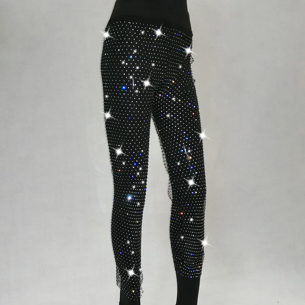 Женские блестящие леггинсы со стразами летние ажурные с разрезом Сексуальные