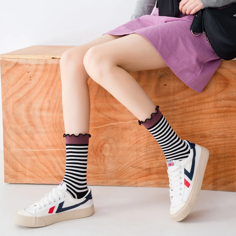 

Autumn Winter Sweet Crimping Stripes Series Ladies Cotton Socks Cute Harajuku Designer Warmth Women Short Crew Ankle Kawaii Sox