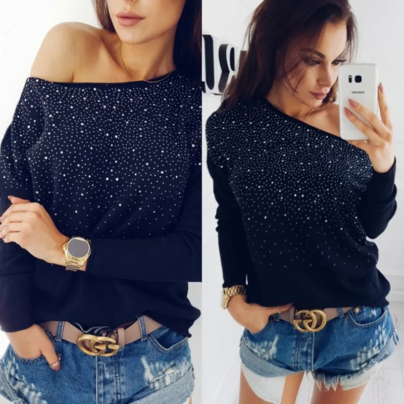 

2019 Autumn Winter Warm Sweater Womens Tops Fashion Long Sleeve Hot Drilling Knitted Sweater Tops Loose O-Neck Outwear Hot Sale