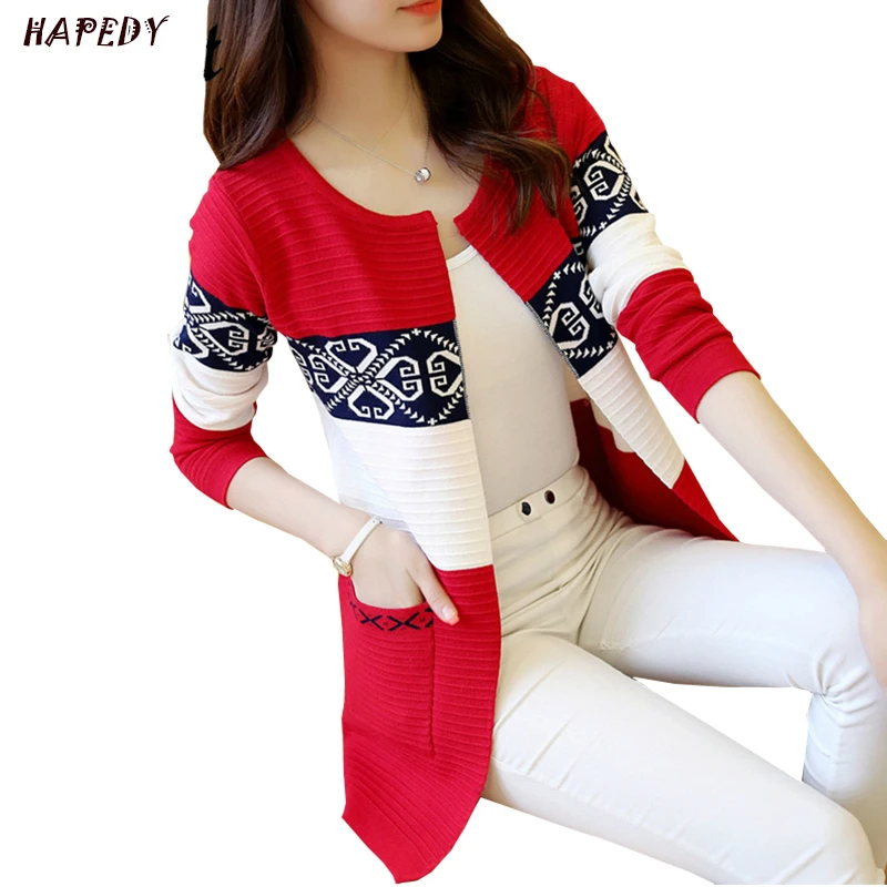 Женский вязаный кардиган средней длины с винтажным принтом и карманами верхняя