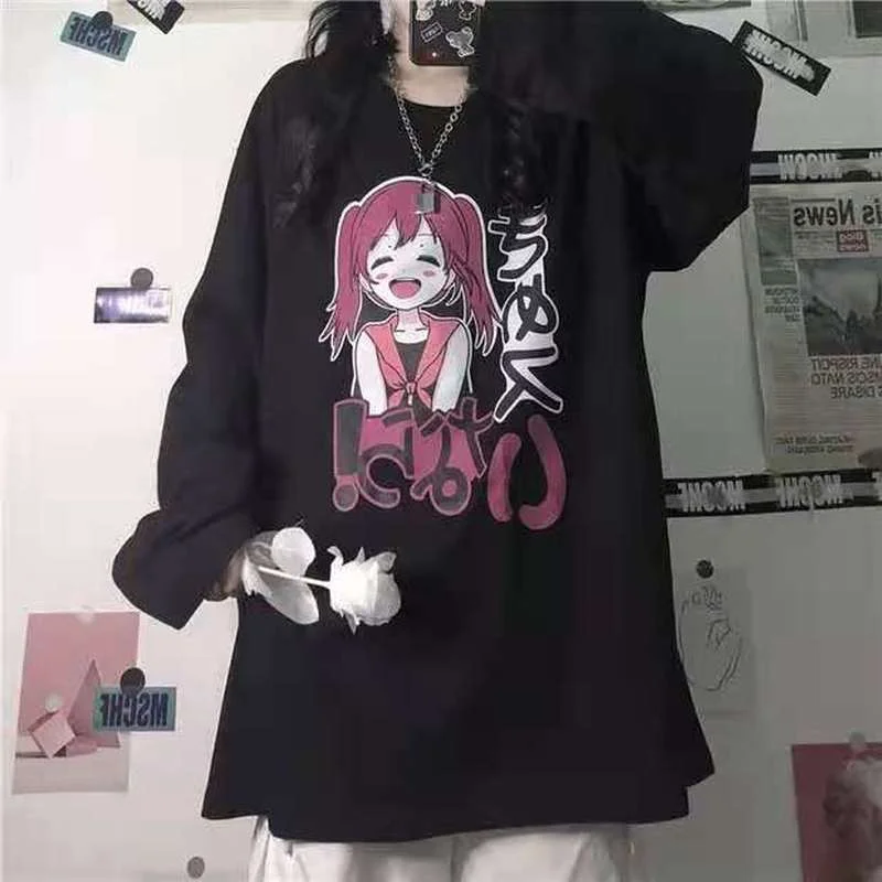 

QWEEK Japanese Anime Couple Women's T-shirt 2021 Cute Print Long Sleeve Black Top Harajuku Tee Shirt Fashion Korean Style y2k