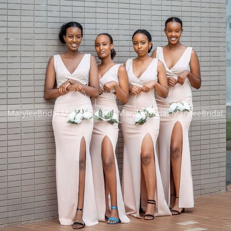 

Elegant Pink Mermaid Long Bridesmaid Dresses With Slit V Neck Floor Length Stretch Satin Plus Size Maid Of Honor Dress Wholesale