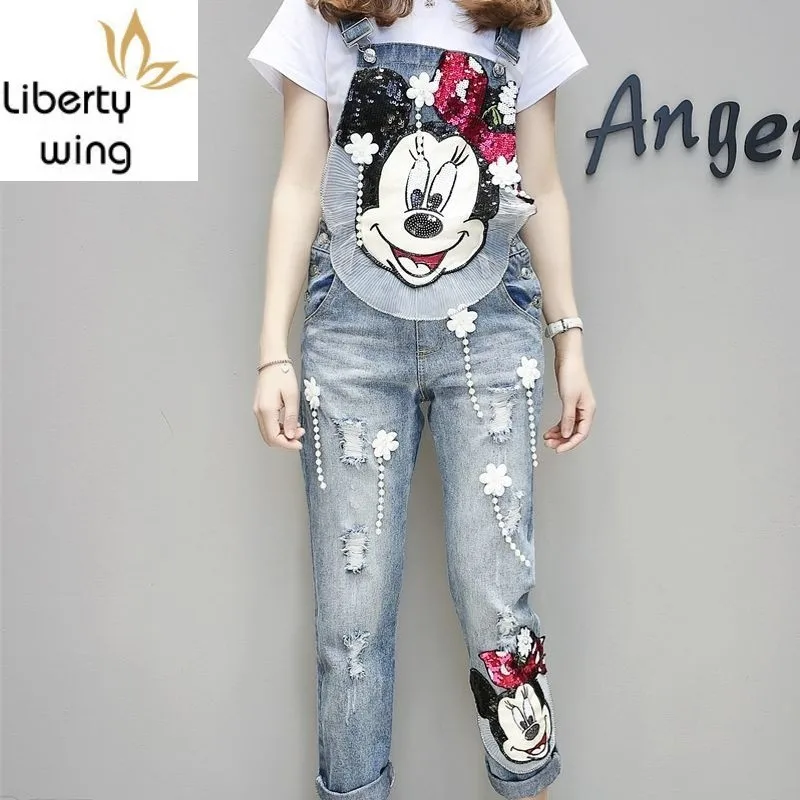 Женский джинсовый комбинезон с вышивкой и блестками широкими штанинами