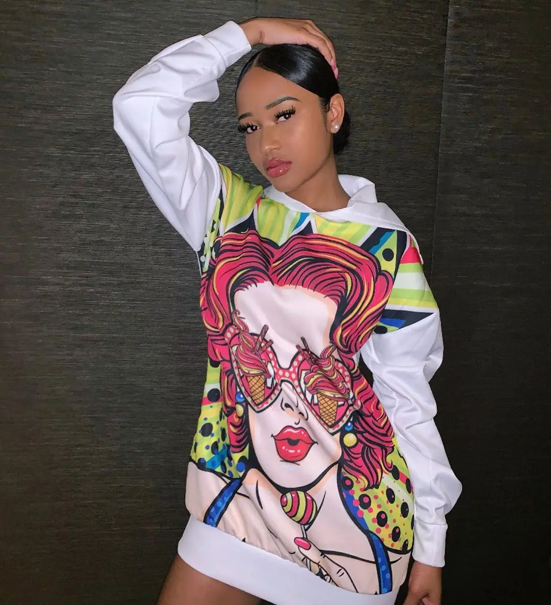 

SKMY Fall Clothes For Women Cartoon Printed Long Sleeve Dress Sexy Party Clubwear Hooded Bodycon Short Hoodie Dress