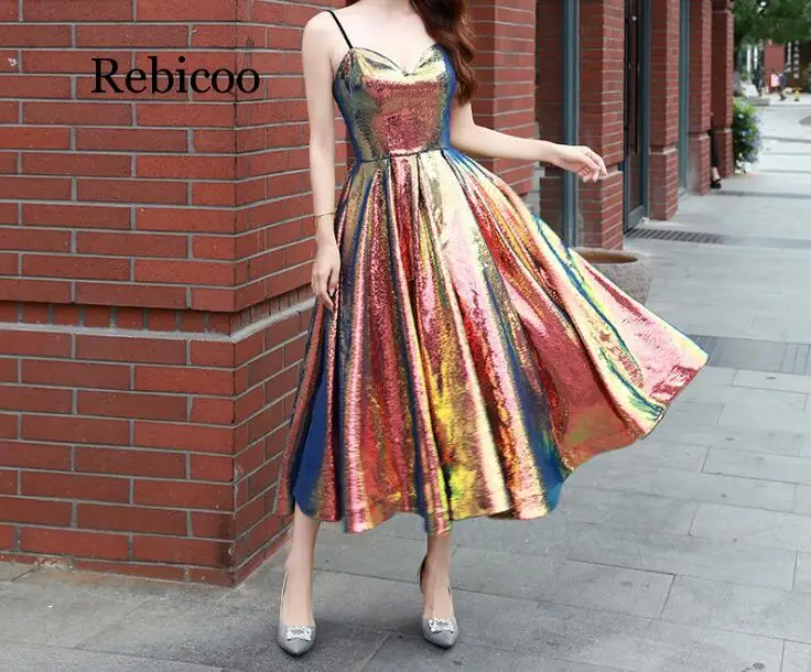 Женское длинное блестящее платье с блестками вечернее элегантное Радужное