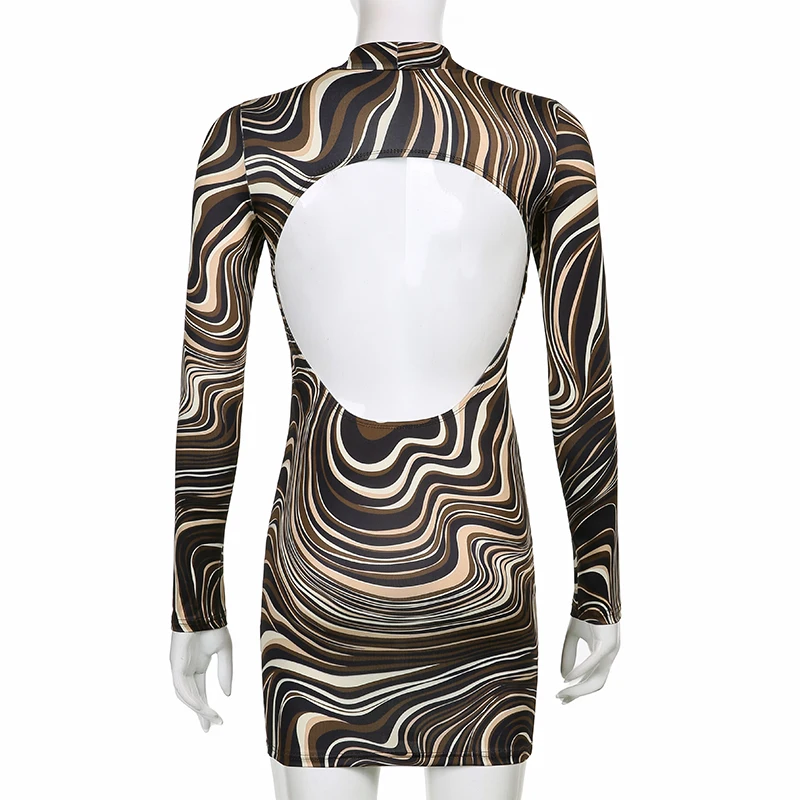 

Paisley Print Long Sleeve Sexy Backless Mini Dresses For Women 2021Spring Summer Vintage Striped Bodycon Y2k Party Dress Female