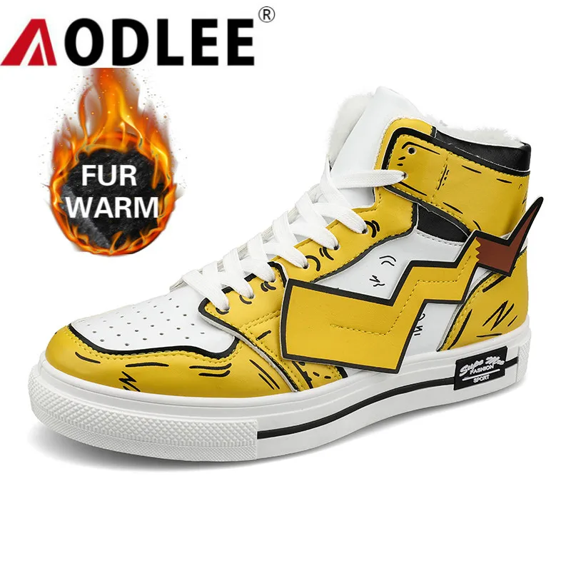 Winter Men Shoes Casual Fashion Kawaii Pikachu Sneakers Outdoor Plush Fur Warm High Top Running Dropshipping AODLEE | Обувь