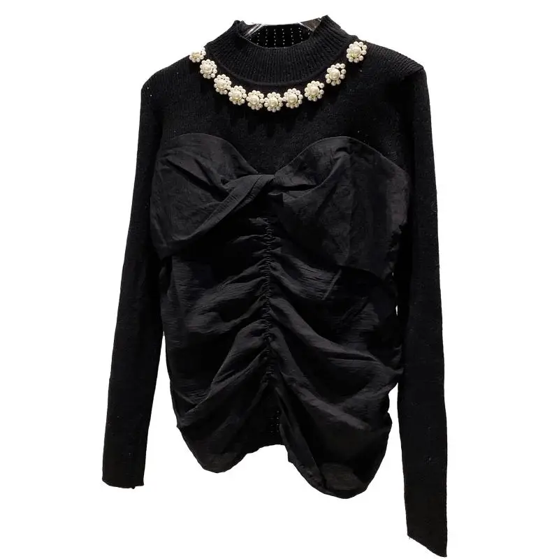 

Fashion Women Short Slim Beading Folds Pullover Knitted Shirt Office Lady Casual Mixed Colors O-Neck Elegant Long Sleeve T-Shirt