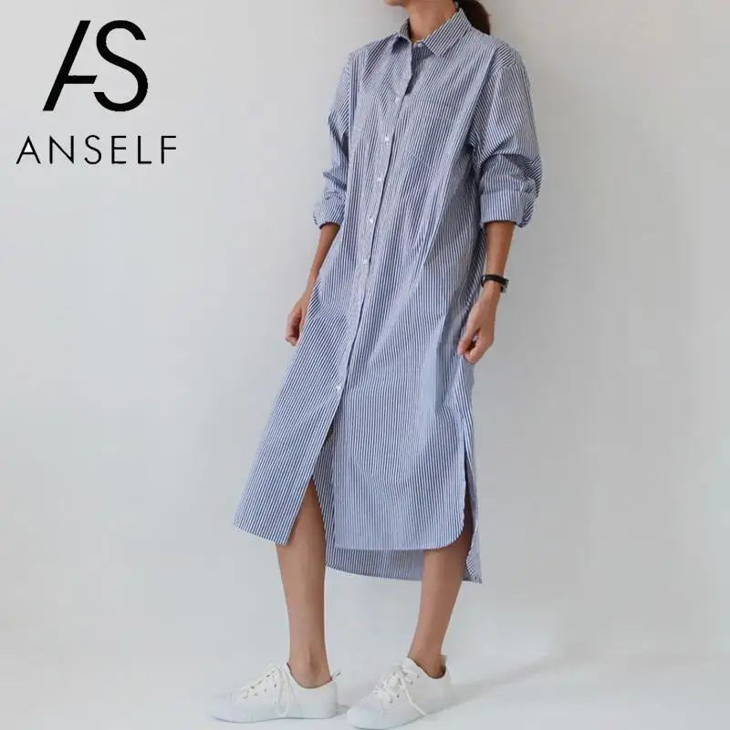 Женское платье рубашка в полоску ANSELF элегантное миди с отложным воротником