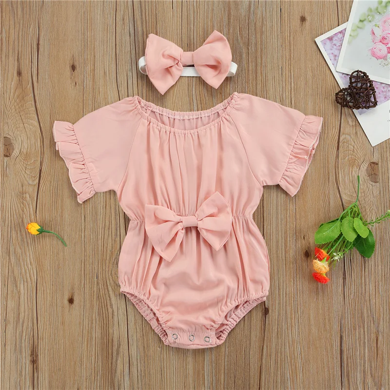 

2pcs 0-2Years Newborn Girls Summer Cotton Clothes Sets,Baby Girl Solid Color O-Neck Ruffle Sleeve Romper+Headband with Bowknot