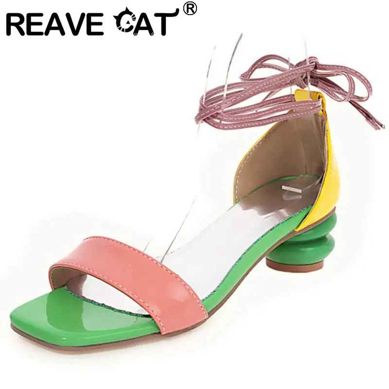 

REAVE CAT New 2021 Women Sandals Open Toe 4cm Strange Heels Lace-Up Patent Leather Pacthwork Big Size 34-43 Casual Date A3893