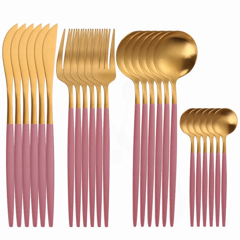 Matte Dinnerware Cutlery Set Tableware Set 24Pcs Pink Gold Cutlery Stainless Steel Forks Spoons Knives Set Tableware Kitchen