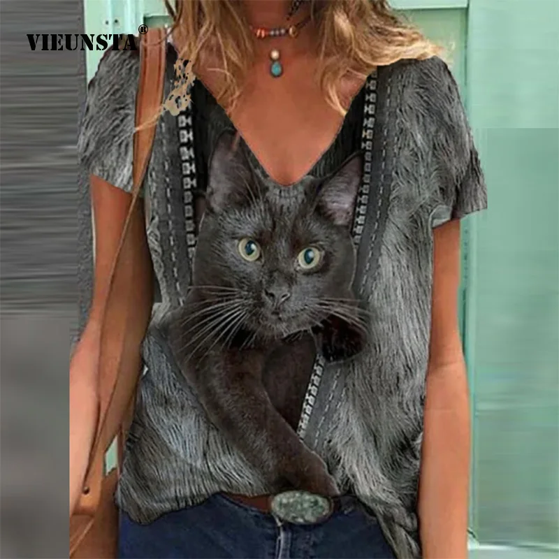 

2021 Fashion Spring Summer Blouses Shirts Elegant 3D Cat Print Women Short Sleeve Tops Casual Chic V-Neck Loose Shirt Blusas 3XL