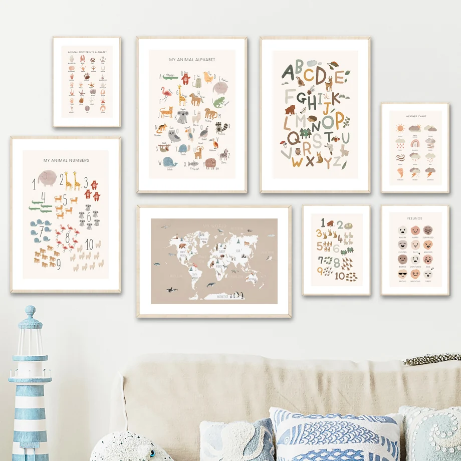 Карта мира с животными мультяшный алфавит цифры схема погоды Художественная