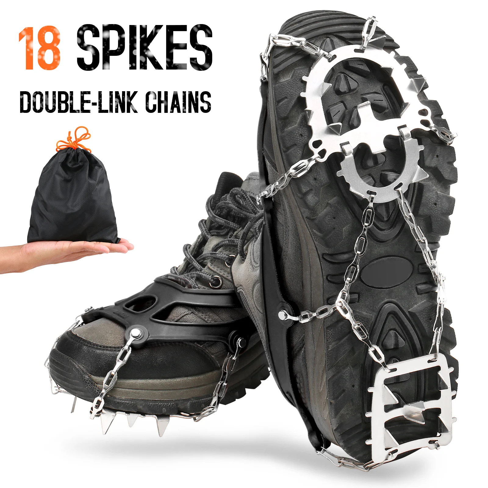 

18 Spikes Traction Cleats Women Men Anti-slip Ice Snow Grips with Storage Pouch for Walking Hiking Fishing Mountaineering