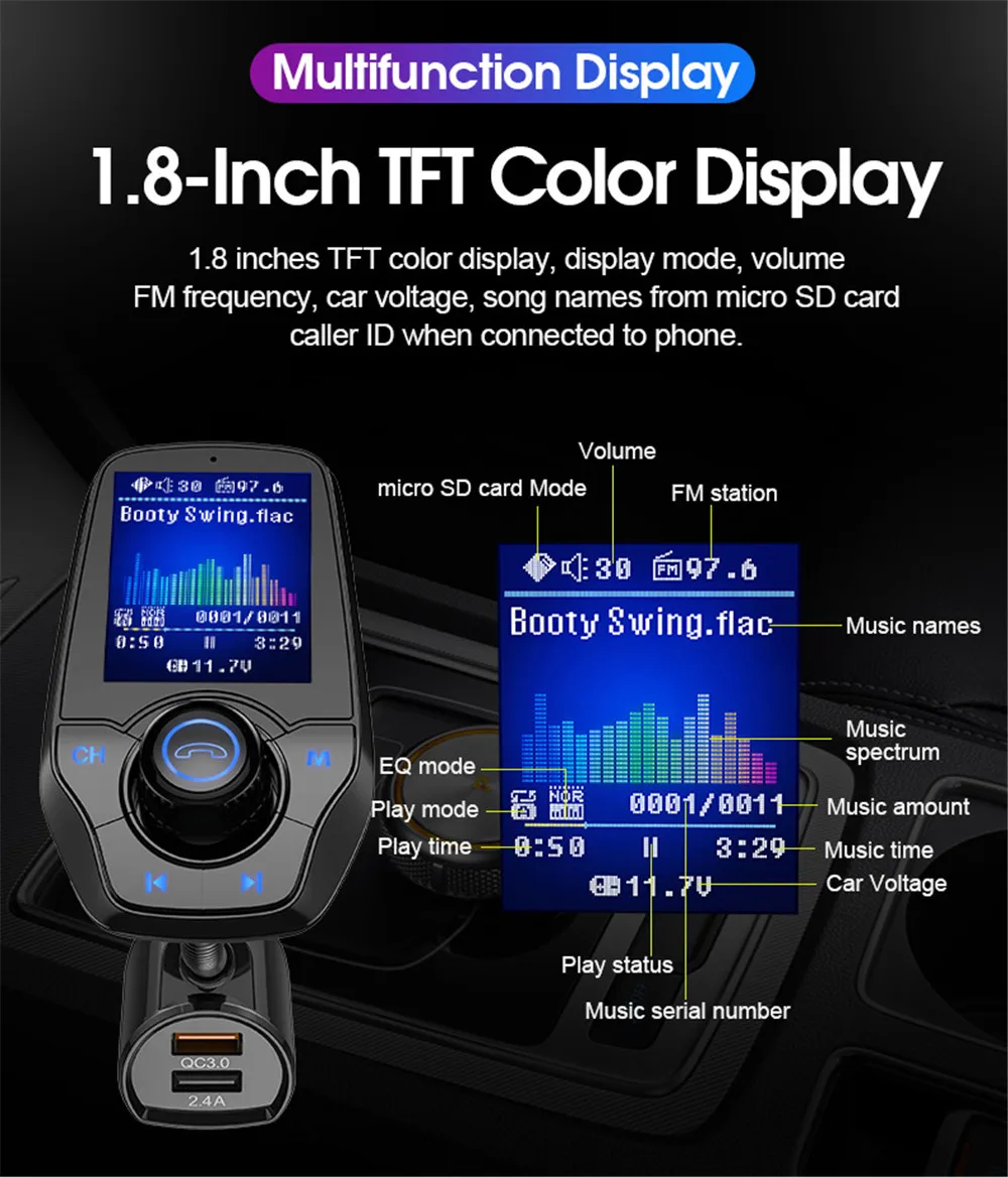Автомобильный Bluetooth fm-передатчик без рук MP3-плеер цветной большой экран пусковой приемник QC3.0 Bluetooth радио передатчик T26D