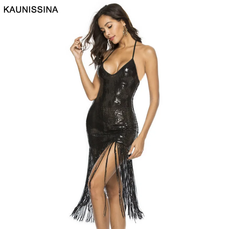 KAUNISSINA Sequin Tassel Cocktail Dresses Sexy Club Wear Party Dress Halter Strap Backless Party Gown Cocktail Dress