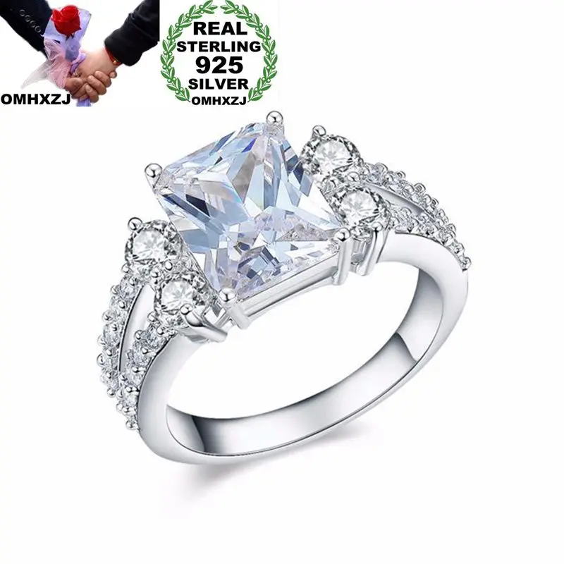 

OMHXZJ Wholesale European Fashion Woman Man Party Wedding Gift Silver White Rectangle AAA Zircon 925 Sterling Silver Ring RR199